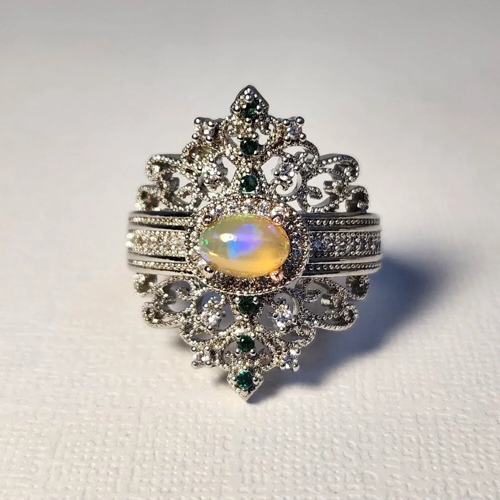 NIB 925 Art Deco Natural Opal & Tsavorite Accent Ornate Scroll Ring Sz 8.5 - Picture 5 of 12